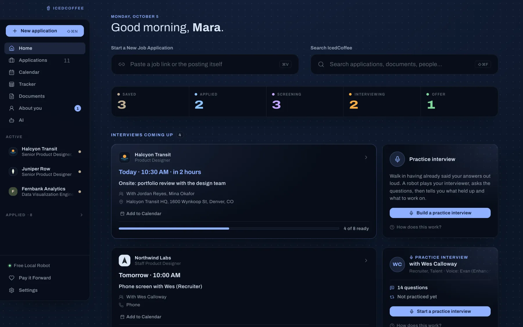 IcedCoffee Home in the Midnight theme: Mara's applications by stage and her interviews coming up